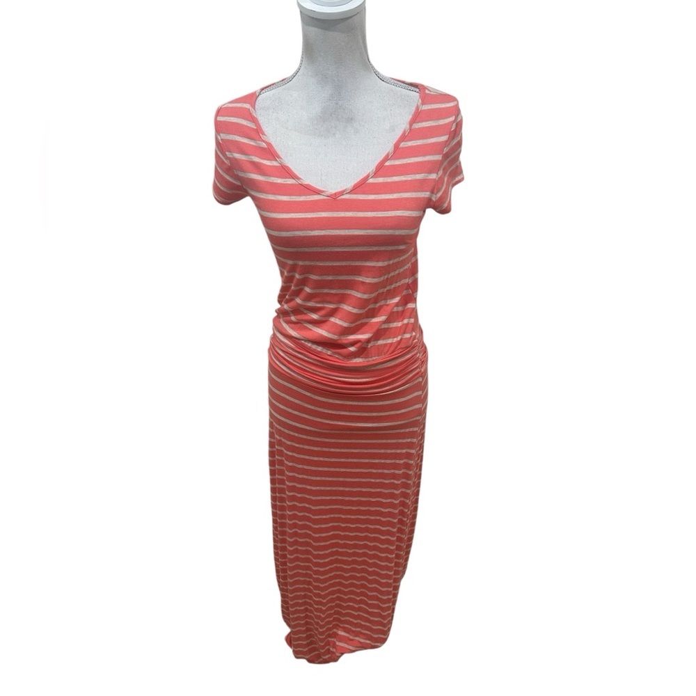 Sady & Lu Coral Striped v neck short sleeve maxi tee Dress ruched waist medium